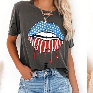Red White & Blue Lips Distressed Cotton Tee